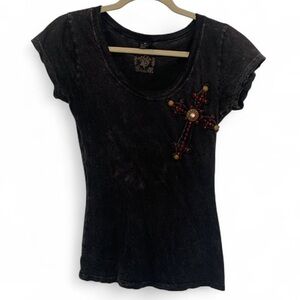 Y2K Velvet Stone Embellished Cross Graphic Short Sleeve Shirt